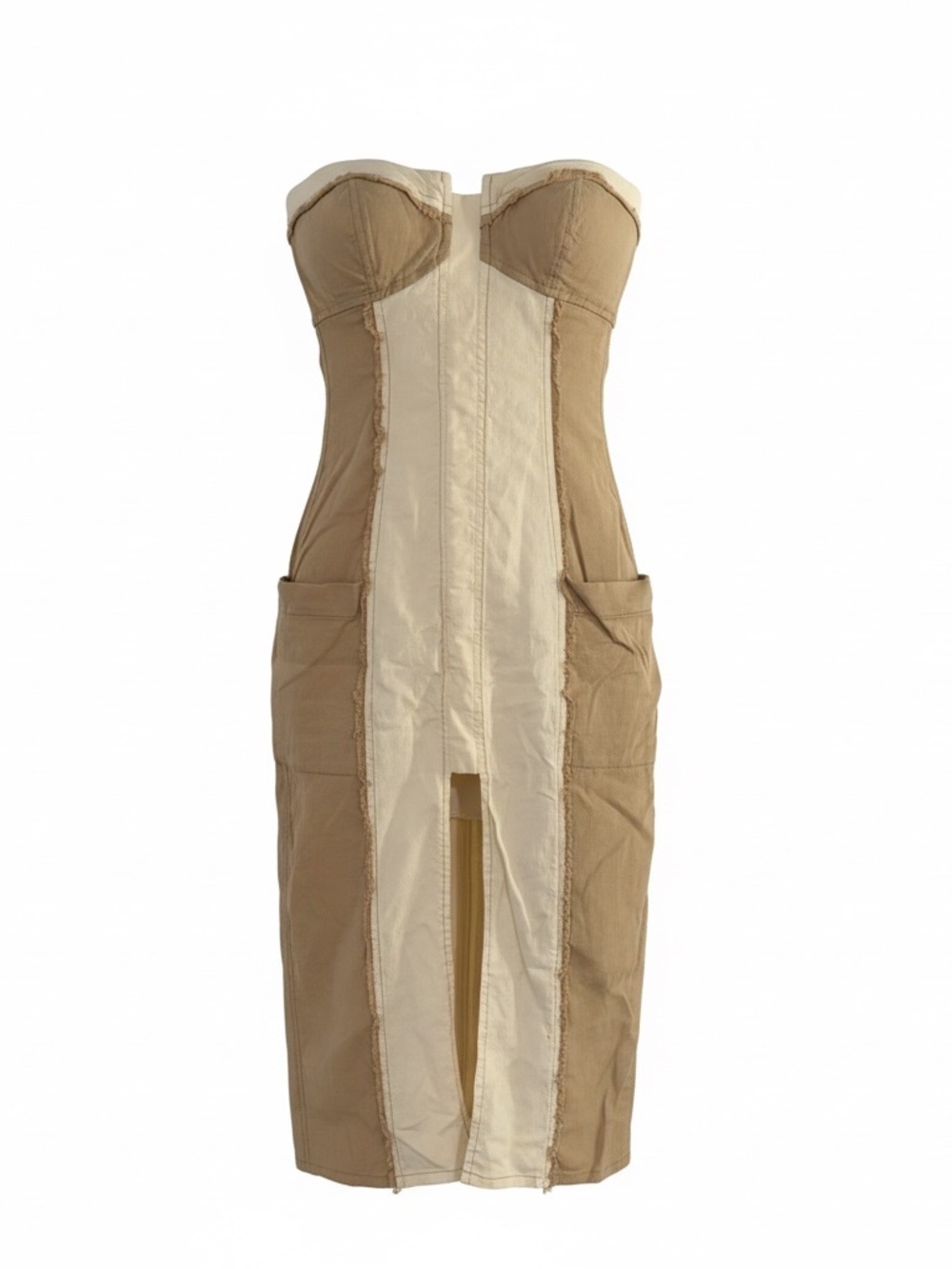 Strapless Two-Tone Beige & Cream Midi Dress